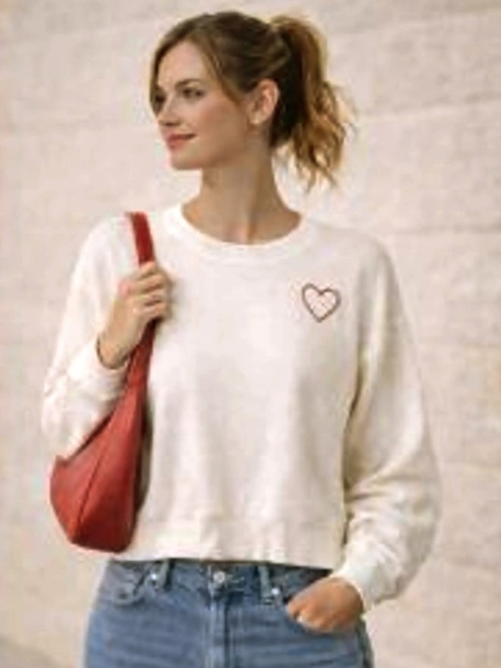 Happily Grey Women's Soft Girl Cream Sweatshirt Red Embroidered Heart | Medium